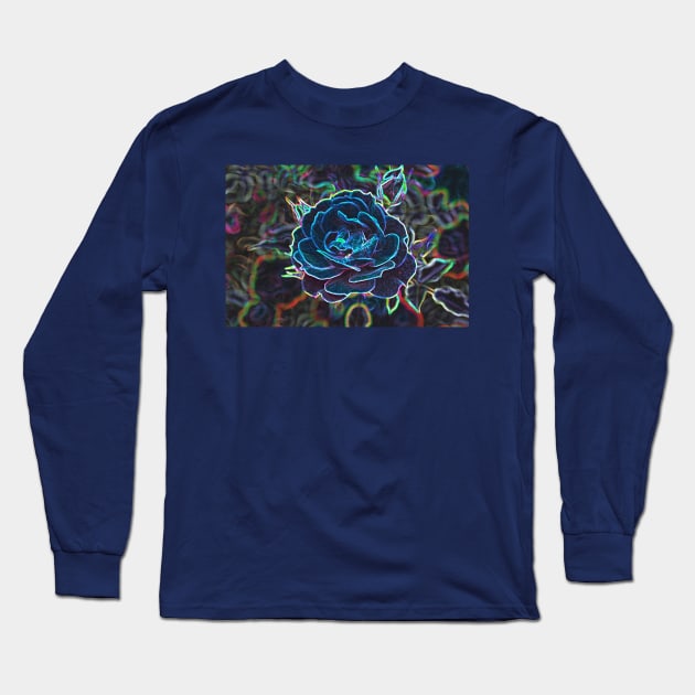 Swirly Blue Neon Rose Long Sleeve T-Shirt by Christine aka stine1